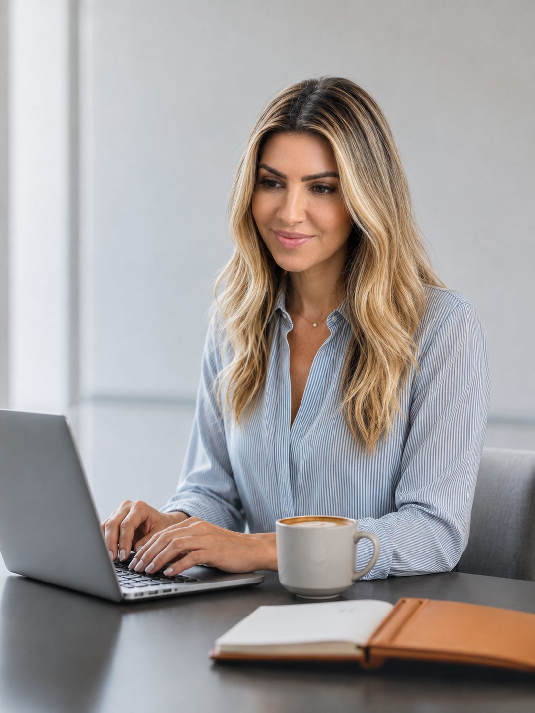 Tassiana working at a laptop with a cup of coffee